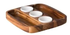 Bord hout Acacia met 3 dipschaaltjes 30 x 30 cm