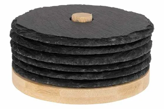 Onderzetter leisteen rond set van 6 op houder