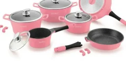 Pannenset 14-delig marmeren coating roze