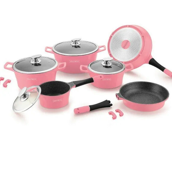 Pannenset 14-delig marmeren coating roze
