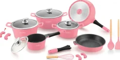 Pannenset 14-delig marmeren coating roze
