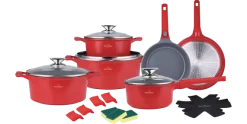 Pannenset 19-delig marmeren coating rood