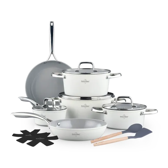 Pannenset keramische coating 14-delig creme