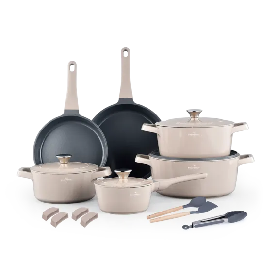 Pannenset marmeren coating 17-delig creme Creuset Swiss-Haus